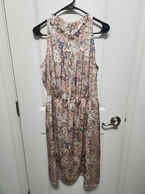 Floral Sleeveless Ruffle Neck Dress - Pink